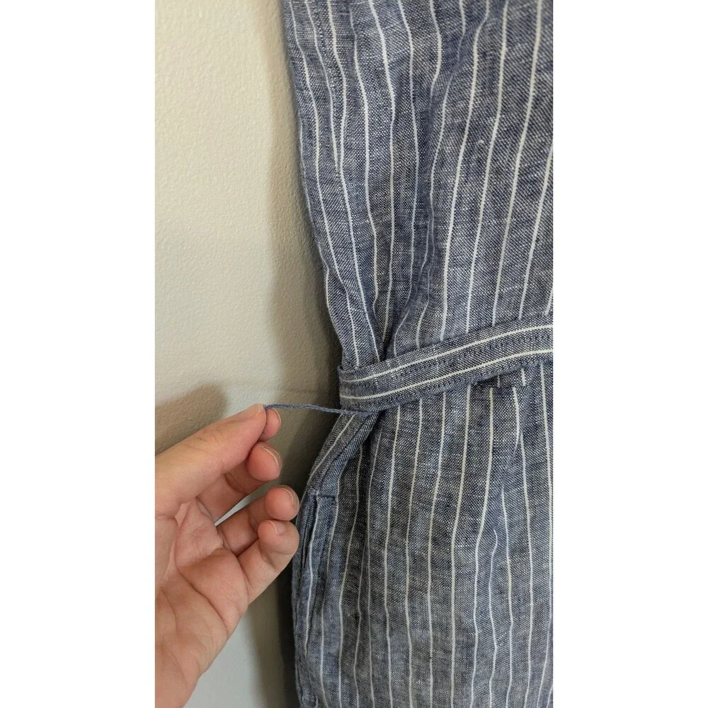 Quince 100% European Linen Square Neck Jumpsuit M Blue Stripe Wide Leg Relaxed